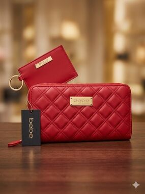 bebe Quilted Red Wallet and Cardholder Set with Gold Plate